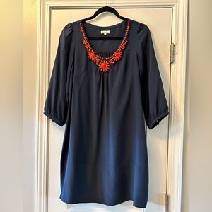 Shoshanna Navy Silk Dress with Coral Pink Jewels at Neck Size 6